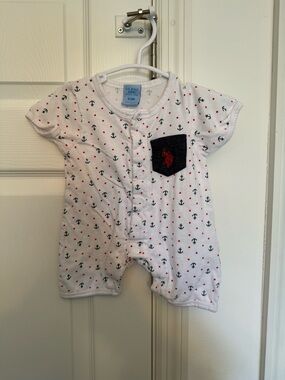 U.S. Polo Assn. White Anchor-Print Baby Romper with Navy Pocket
